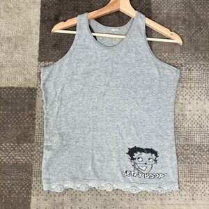 Y2K Betty Boop Heather Gray Ribbed Lace Trim Tank Top Women Large Cotton